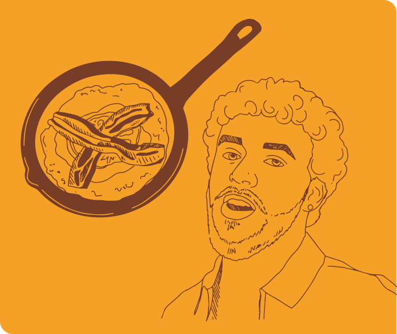 Line illustration of Jack Harlow with a cast iron skillet, drawn in brown on a yellow background.