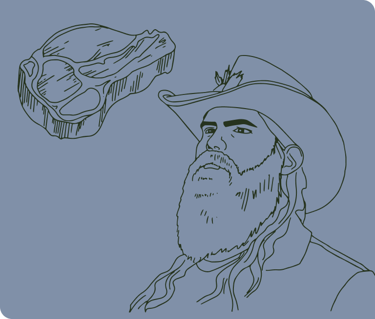 Line illustration of Chris Stapleton with his beard and cowboy hat looking toward a t-bone steak.